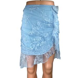 Majorelle Blue Lace Mesh Floral Ruffle Asymmetric Mini Straight Pencil Skirt M